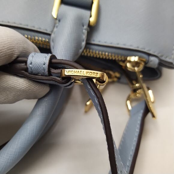 Michael Kors Blue Crossgrain Leather Carryall Double Handle Zipper Satchel Bag - Picture 7 of 16